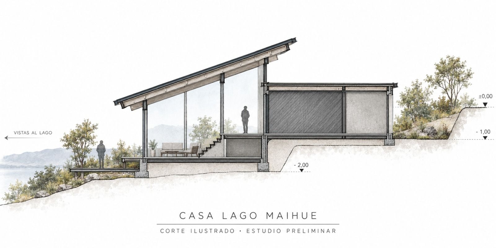 Corte ilustrado de la Casa Lago Maihue, estudio preliminar